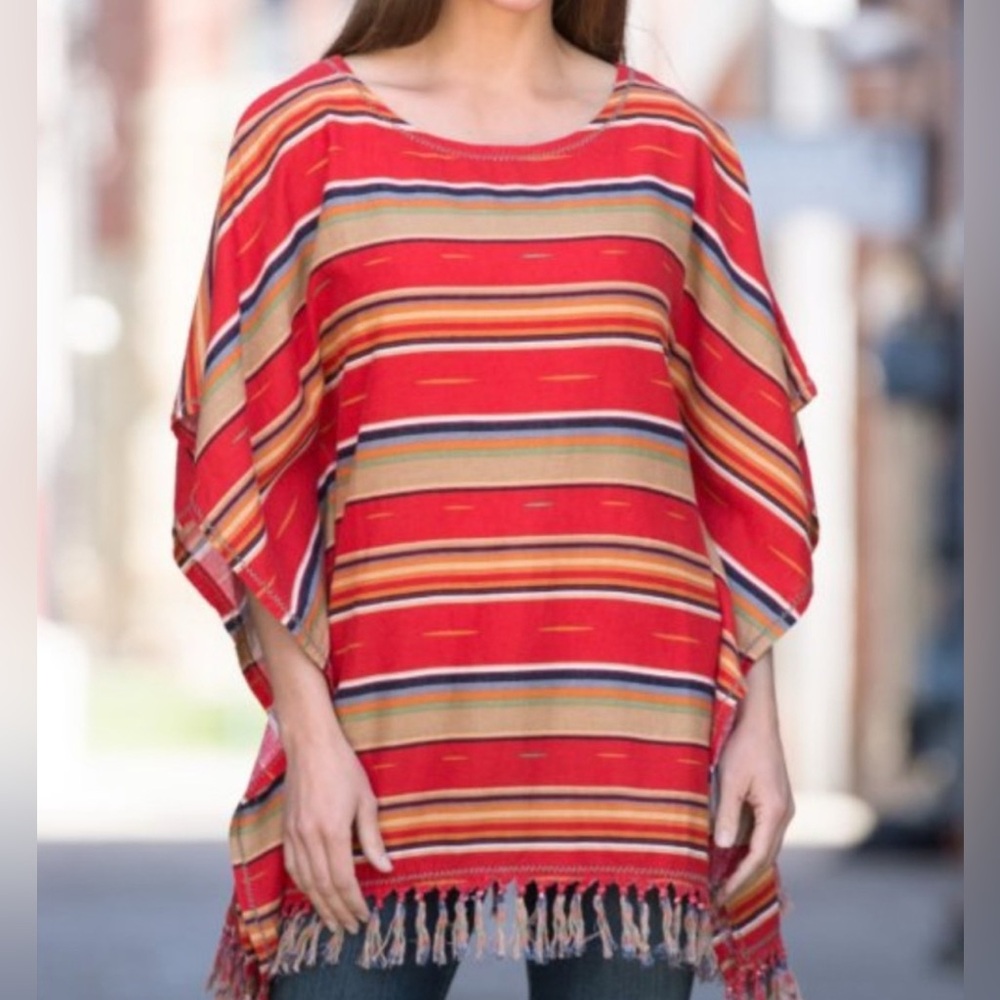 Ryan Michael Serape Poncho Top Size S / M Linen Blend‎ Striped Red Blue Tassel